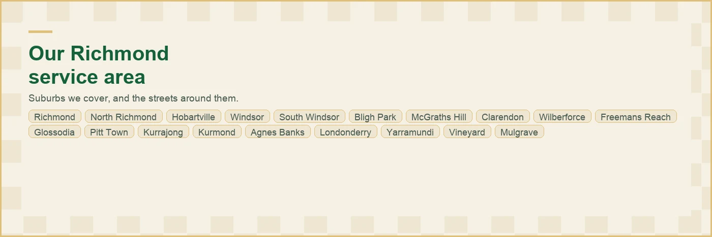 Map of the Richmond plumbing service area with all 19 suburbs we cover labelled, from Mulgrave and Yarramundi through Richmond and Hobartville to Bligh Park, McGraths Hill, Londonderry and Agnes Banks